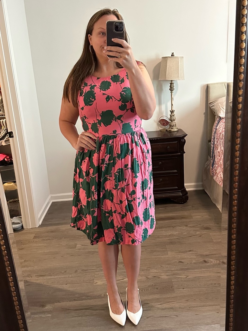 Boden Pink with Green Floral Sleeveless Midi Dress